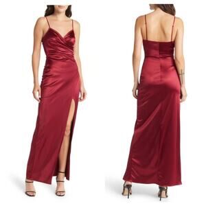 Love Nickie Lew Womens Junior Asymmetric Slit Leg Satin Gown in Burgundy Wine
